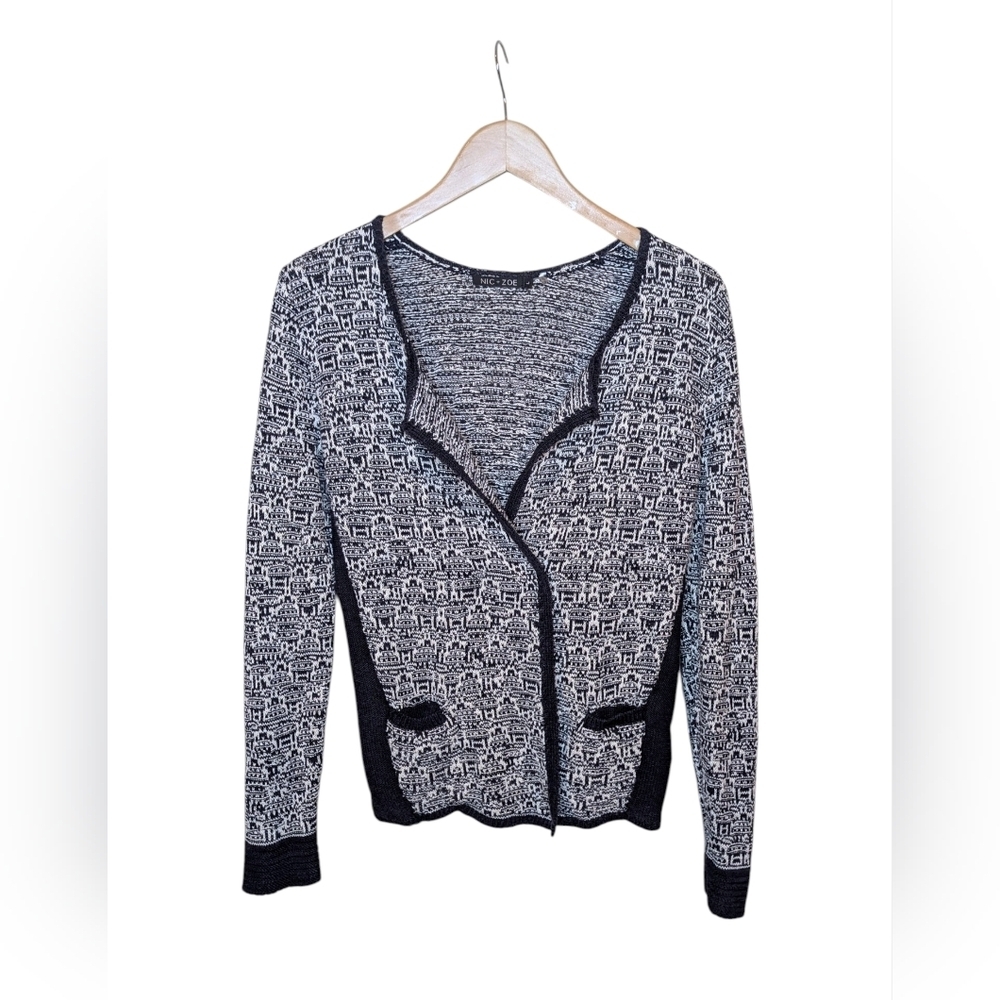 NIC+ZOE Cardigan Large Navy White Linen Blend Open Front Knit Textured Marled